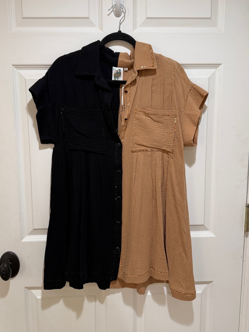 QUEEN OF SPARKLES Black and Tan Two-Tone Mini Shirt Dress